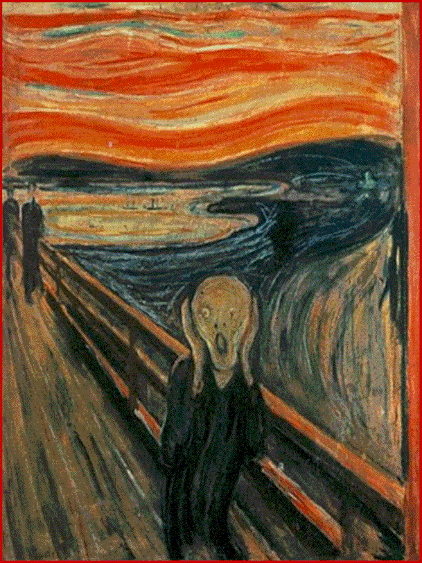 Edvard Munch, L’urlo, 1893, olio, tempera, pastello su cartone, 91×73.5 cm,Galleria na-zionale, Oslo. Dimensi-oni:91×73,5 cm .Ubicazione: Galleria Nazionale, Oslo.