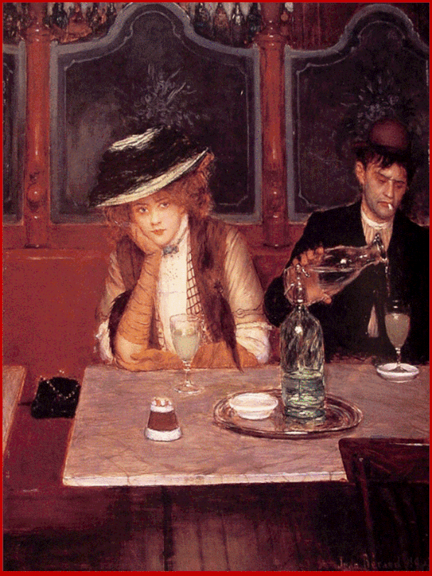 Jean Bèraud, natoa San Pieroburgonel 1849 e deceduto a Parigiil 1935 all'età di 86 ani, è stato un pittore di scuola impressionista; l'opera intitiolata "I bevitori"è del 1908. Collezione privata.