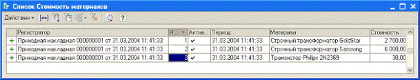 Рис. 3.5. Записи регистра «СтоимостьМатериалов»