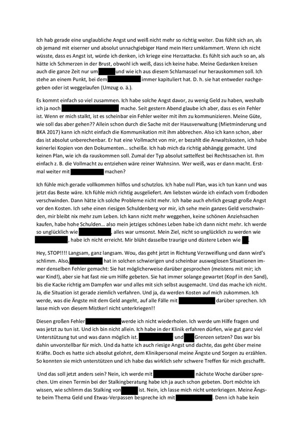 Seite 1: Formloser Text über meine Angst im Dezember 2018, als mir das Stalking über den Kopf wuchs.