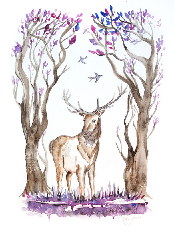 Hirsch, Schwalben, Aquarell, deer, swallow, trees, watercolour, watercolor, painting, forest, love, contemporary art, zeitgenössische Kunst