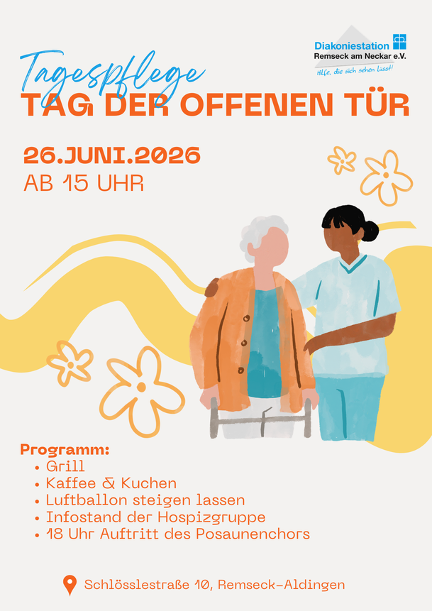 Buntes Einladungsplakat mit den Daten der Veranstaltung. Ältere Person am Rollator wird von Pflegeperson umarmt.