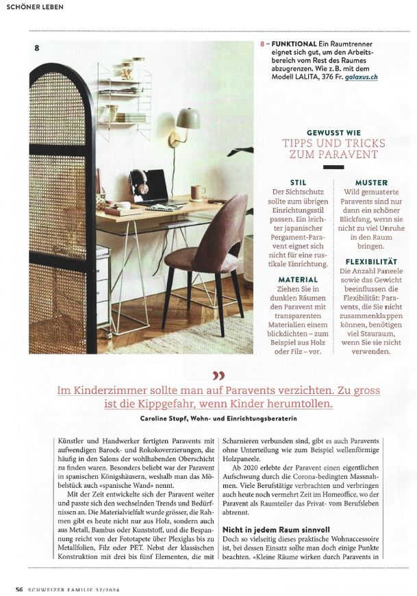 Interview in der Schweizer Familie mit Caroline Stupf stylisch Wohnberatung zum Thema Paravent Einrichtungsberatung Interior Design Innenarchitektur
