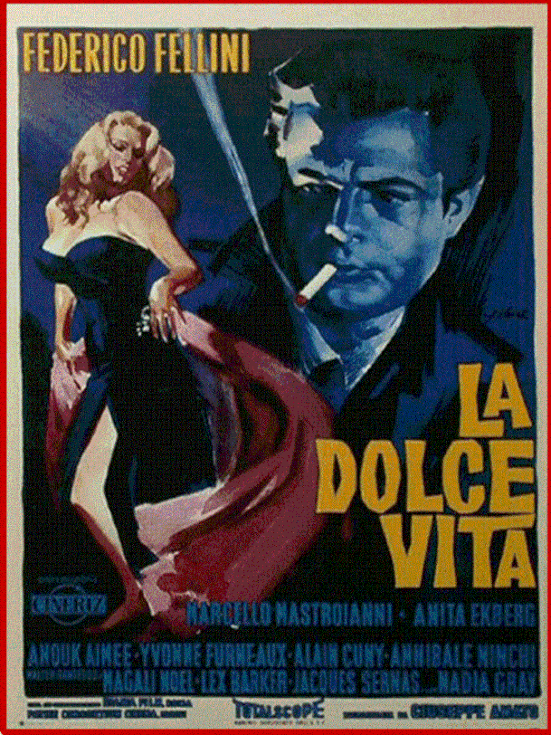 Marcello Mastroianni (1924-1996) nel film"La dolce vita".Una sigaretta accesa campeg- gia al centro del cartellone pubblicitario. Mastroianni morì per un tumore al pancreas: i fumatori hanno un rischio che è circa triplo rispetto a quello di chi non fuma.
