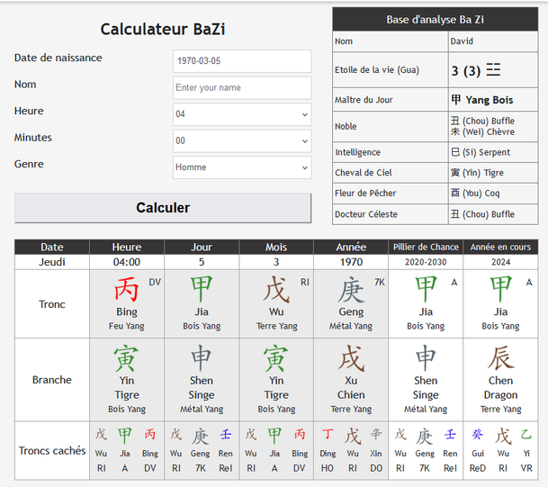 Exemple d'une carte BaZi