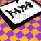 Top View Of Writing Brush And Kakizome On Purple Pattern　筆と書き初め　紫の市松背景　上面図　年賀はがき用イラスト