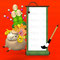 Hopping Sheep And Big Kadomatsu With Enpty Scroll On Red Background　飛び跳ねているヒツジ、大きな門松と巻物　赤い背景付き