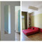 Wohnraum mit Spiegel im Flur und Blick in`s Kinderzimmer / Sofa als Doppelbett / Küche mit blauer Wand
