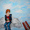 Junge auf den Wolken (Acryl, Aquarell auf Leinwand)