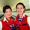 Zwei Flugbegleiter der Free Bird Airlines in ihrer MD-83 mit American Airlines-Sitzbezügen/Courtesy: Free Bird Airlines