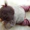 Anna - 45er Babypuppe - dunkelbraunes langes Mohair, dunkelbraune Augen m. Lichtpunkten, Strickset best. aus Zwergenmütze, Strickjacke, Häkelstiefelchen, Leggings, Shirt, Windel
