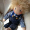 "Michel" für Elia - August 2019 - 40er Gliederpuppe - Haar dt. glattes Mohair strohblond, Augen dunkelblau, Ringeshirt, Jeanslatzhose