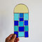 modernes Tiffany Fensterbild mit Rundbogen blau gelb