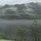 Nebel liegt über dem Fjord