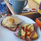 egg,avocado,cheese,sriracha, mayo, mustard, bread, Coffee