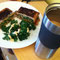 breakfast sandwich w/ kale and coffee
