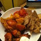 curried potatoes, chicken wings, chips w/ salsa