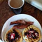 coffee, bacon, waffles w/ jam