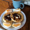 waffles w/ apple butter and an orange, coffee
