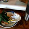 english muffin, kale, bacon, egg, cheese, mayo, mustard, Coffee