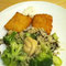rice/broccoli, mustard, fish