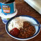curry beans (odd but not bad) with cottage cheese and a dollop of ketsup