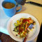 coffee & Zucchini/Egg scramble w/Sriracha & ketsup
