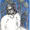 Man (1998) — drawing with pencil and Chinese ink of a seated man on a balcony or platform, with floating abstract forms above him against a blue background.