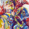 Damocles 1 (1996) — schilderij met acrylverf van twee expressief geschilderde figuren met vervormde gezichten, omgeven door rode verticale verfstreken op de achtergrond.