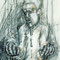Man (1996) — expressive drawing with pen, charcoal and pencil of a man with open hands looking forward, built from loose energetic lines.