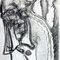Man (1997) — drawing with pencil and charcoal of a distorted male portrait in the foreground with two sketch-like figures in the background.