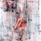 Hangende man (1997) — tekening met acrylverf, Chinese inkt en potlood van een naakte figuur die voorovergebogen hangt, opgebouwd uit krassende zwarte lijnen en rode accenten tegen een rasterachtige achtergrond.