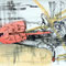 The Smoker (1997) — drawing with Chinese ink, chalk and pencil of a reclining figure with a cigarette in the mouth; black lines and reddish fields form a chaotic, almost mechanical environment around the body.