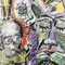 Strange Emotions (1994) — drawing with oil pastel showing multiple faces and eyes merging within a dense network of lines and colours.
