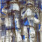 Glue (1997) — drawing with acrylic paint, charcoal and pencil of two male figures standing close together within a dense network of lines and blue paint areas.