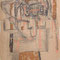Three Wise Men (1997) — drawing with acrylic paint, charcoal and pencil in which three figures stand around a central form, built from transparent layers of lines and geometric color fields.