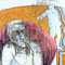 Pointing (1998) — drawing with acrylic paint, charcoal and colored pencil of a reclining or bent figure with a tired face, placed against large color fields in orange, red and blue.