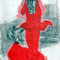 Goliath (1997) — tekening met acrylverf, houtskool en potlood van een grote rode figuur met een klein hoofd, zittend in een krachtige, massieve houding tegen een schetsmatige achtergrond.