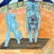 The Circus (1999) — drawing with acrylic paint, pencil and Chinese ink of two blue acrobats balancing upside down on a grid in a circus arena, surrounded by an audience under a striped tent.