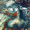 Gezicht (1995) — schilderij met autolak waarin een gezicht met twee opvallende ogen gedeeltelijk zichtbaar wordt in een turbulente massa van donkere, blauwgroene en roestrode verf.