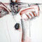 Angel (1997) — expressive drawing with Chinese ink and chalk of a figure with outstretched arms and wing-like forms, built from rough lines and reddish-brown accents.
