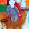 Stilleven (1999) — schilderij met potlood en acrylverf van een zittende figuur op een rode stoel, met kleine figuren op een tafel op de achtergrond.