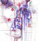 Twee gezichten (1996) — tekening met stylo, stift en potlood van een gezicht opgebouwd uit overlappende rode en blauwe lijnen, waarin meerdere gezichtsvormen in elkaar lijken te schuiven.