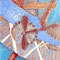 Vliegtuig (1995) — tekening met krijt van een abstracte compositie met een propellerachtig element en stralende lijnen die beweging suggereren.