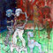 Two Children (1998) — drawing with car paint and pencil showing several figures on a green floor against a reddish background, with two children and other figures scattered through the space.