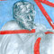 Man in Car (1998) — drawing with acrylic paint, charcoal and pencil of a man wearing glasses sitting behind the steering wheel of a car, surrounded by the red lines of the vehicle.