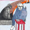People (1999) — drawing with chalk and Chinese ink of three figures around a curved staircase or platform, with a small red table in the foreground.