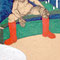 Rode laarzen (1998) — schilderij met olieverf en potlood van een zittende figuur op een bank, herkenbaar aan opvallende rode laarzen.
