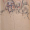 Three Men (1997) — large drawing with charcoal and pencil of three elongated male heads close together, sketched with soft brown and grey tones.