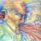 Go with the flow (1996) — krijttekening van twee hoofden waarvan de voorste figuur een krachtige stroom lijnen uit de mond blaast die zich door het beeld voortzet naar een tweede hoofd op de achtergrond.